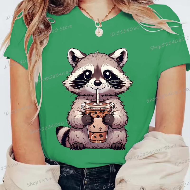 Summer Round Neck 3D Raccoon Pattern Print Top Fashionable Casual Short Sleeved Women's T-shirts