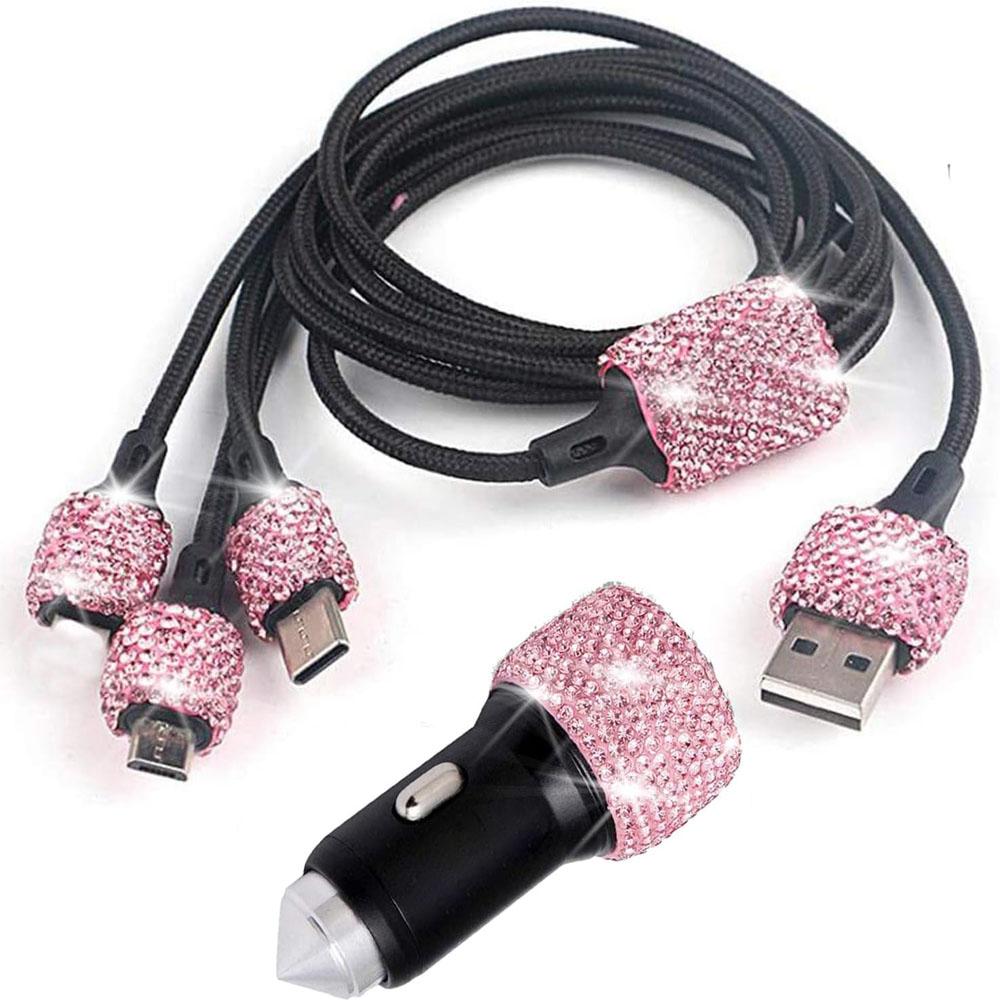 Dual USB Car Charger Bling Bling Handmade Rhinestones Crystal Car Decorations for Fast Charging Car Decors for iPhone/Samsung