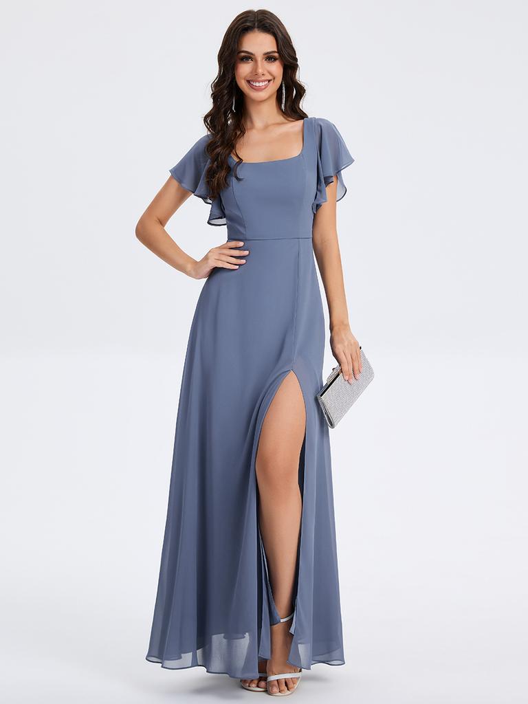 Ever-Pretty Women's Floral Back With Tie Short Ruffle Sleeves Square Neck Maxi Split Evening Dresses