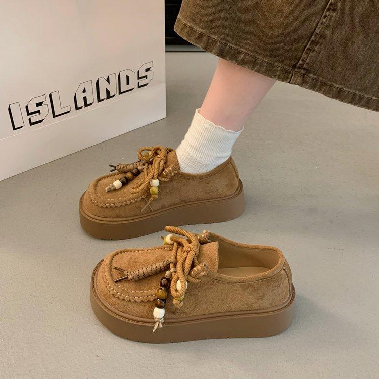 [Amano] Boken Shoes Women's 2025 Autumn New Retro Lace-Up Beaded Muffin Bottom Heightening Kangaroo Shoes