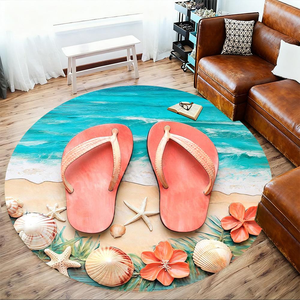 1PC Beach Sandal Starfish Shell Office Round Area Rug, Under Office Chairs Bedroom Living Room Home Decor,Carpet for Office, -1110230