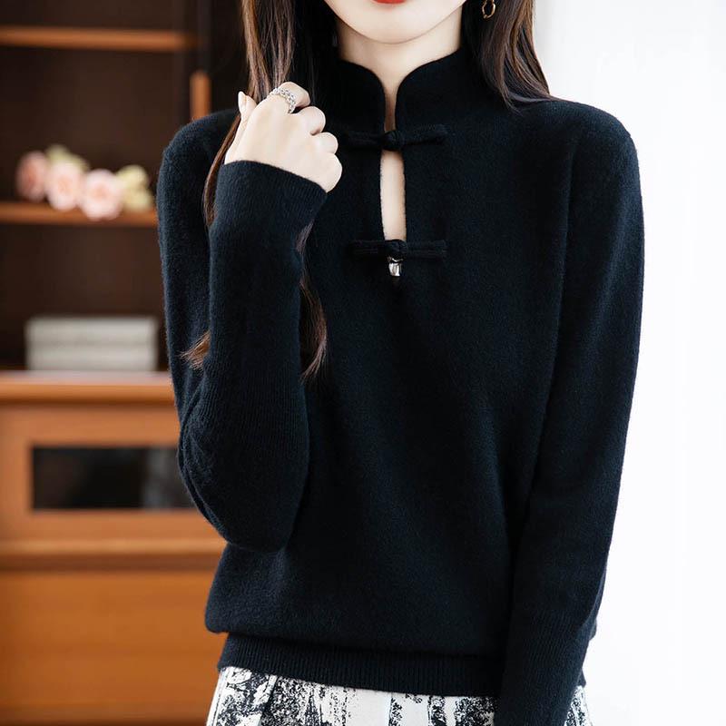 Women's Chinese Knot Button Red Wool Sweater - Autumn/Winter 2025 Collection, Loose Fit, Long Sleeve Knitted Top