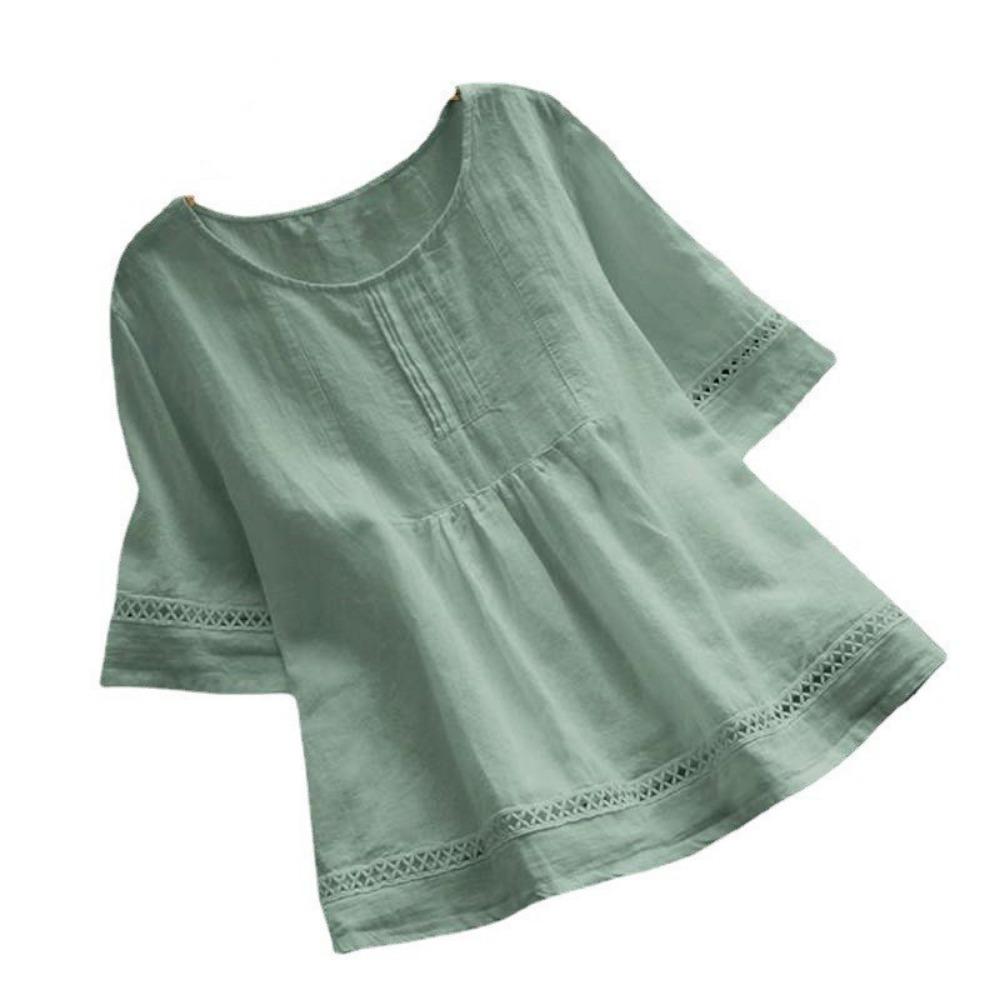 Women's Retro Casual Petticoat Summer Solid Color Cotton Linen Top Half Sleeve Round Neck Splicing Shirt Hollow Top