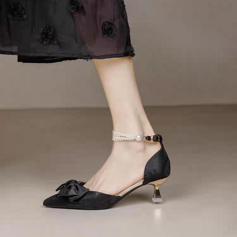 Women's Shoes 2025 Summer New High Heels Bow Silk Thin Heel Shallow Mouth Straight Buckle Strap Pointed Sandals for Women