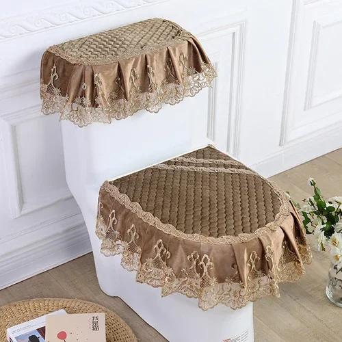 Μαξιλάρι τουαλέτας με δαντέλα Four Seasons Σετ καθίσματος τουαλέτας με εκτύπωση φανέλας τριών τεμαχίων με φερμουάρ σε σχήμα U Beauty κάλυμμα για τη σκόνη τουαλέτας