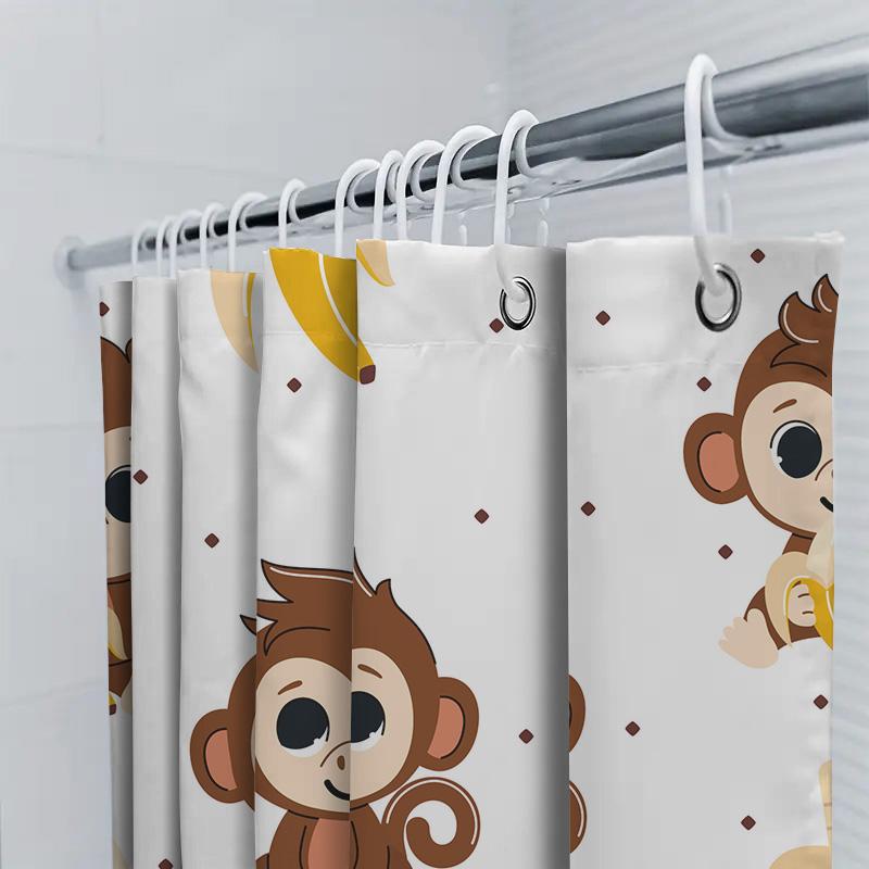 Adorable Monkey Pattern Shower Curtain White Background With Brown Monkeys And Yellow Bananas For Kids Bath Decorations.