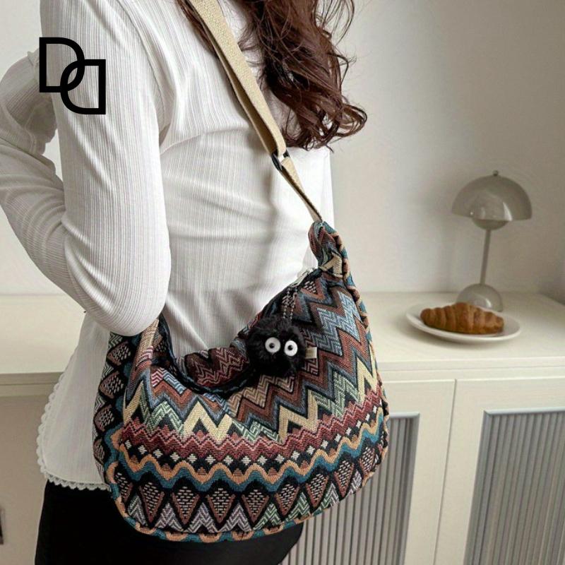 

Стильная складная сумка через плечо из холста с вышивкой, просторное внутреннее пространство, идеально подходит для ежедневного использования