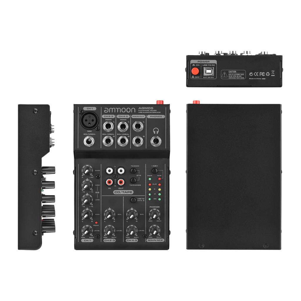 Ammoom AGM05 5-Channel Mini Mixer Mixing Console USB Audio Interface Plug-and-Play +48V Phantom