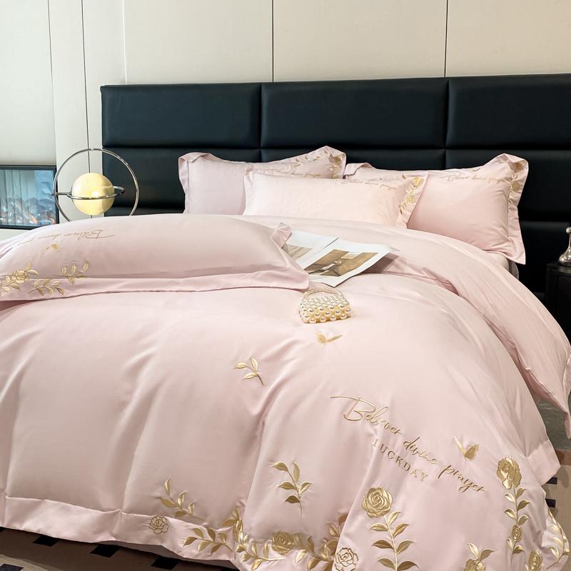 Golden Flowers Sea Embroidery Bedding Set Luxury Beige Cotton Duvet Cover Flat or Fitted Bed Sheet Pillowcases Solid Color