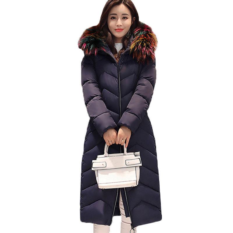 Woman Winter Down Cotton Parka Jacket Coat Outwear Long Hooded Fur Collar Zipper Pocket Loose Diamond Pattern Warm Solid Color