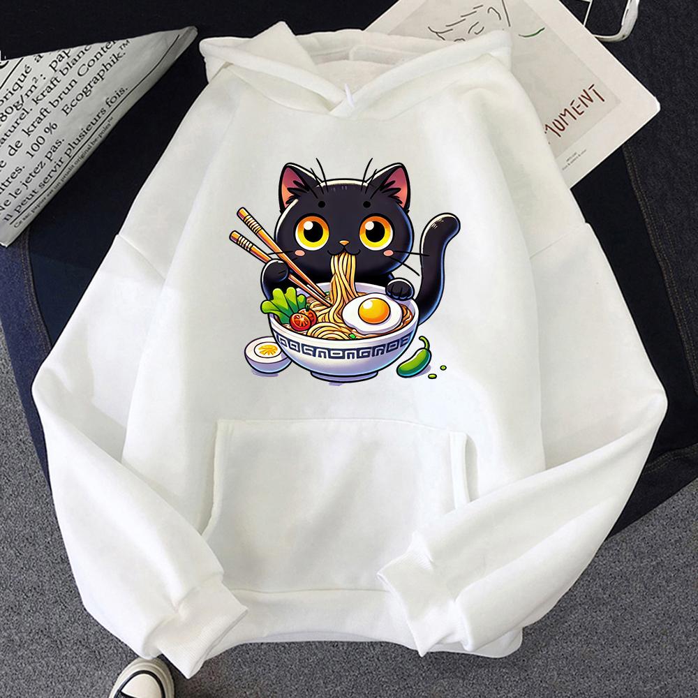 Cat Ramen Hoodie Women Harajuku Funny Cute Graphic Noodle Hoodies Unisex Japanese Anime Aesthetic Noodle Pullovers Sweatshirts