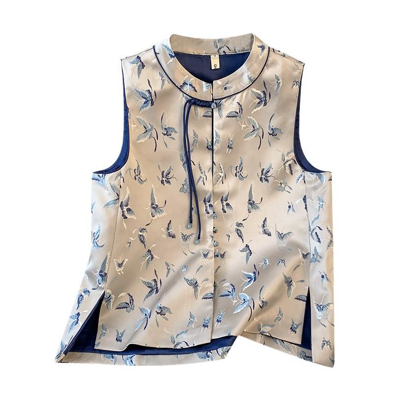 2025 Retro Chinese Style Embroidered Vest with Frog Button - Women's Sleeveless Top for Spring and Autumn