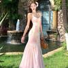 French temperament mesh suspender dress summer slim seaside vacation waist pink floral fishtail dress women