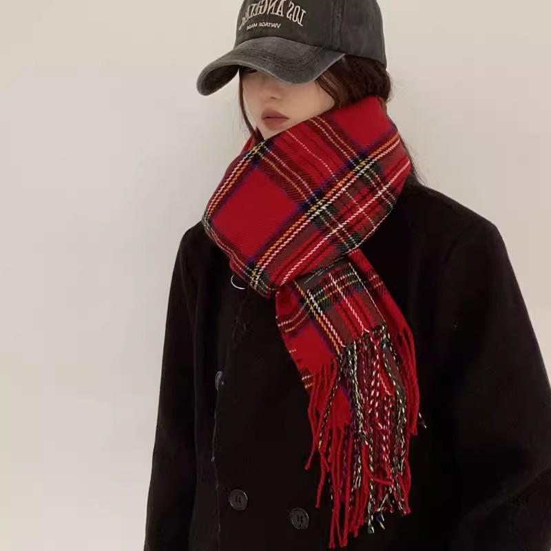 Korean Style Withered Rose Plaid Imitation Cashmere Scarf - Women's Winter Christmas Red Shawl