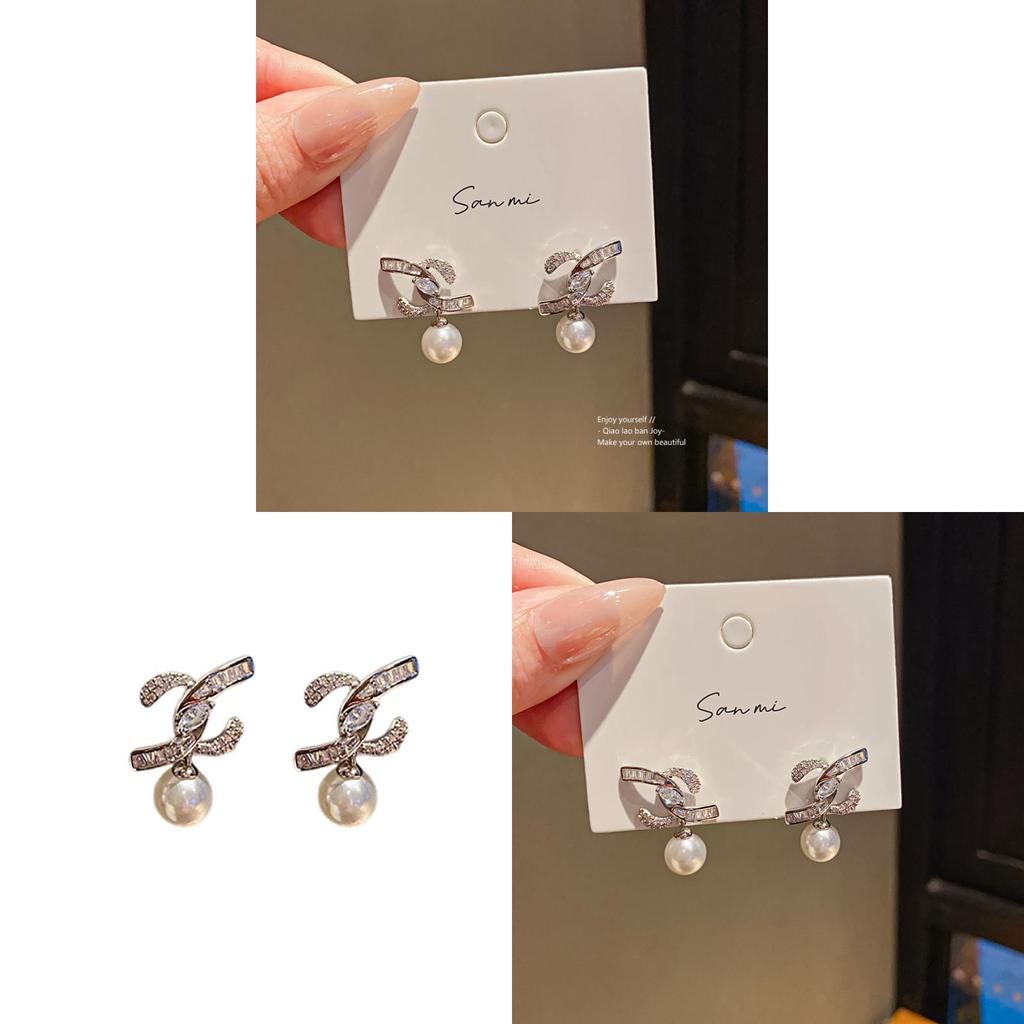 Geometric Zircon Pearl Stud Earrings With Silver Needle Finish For Women