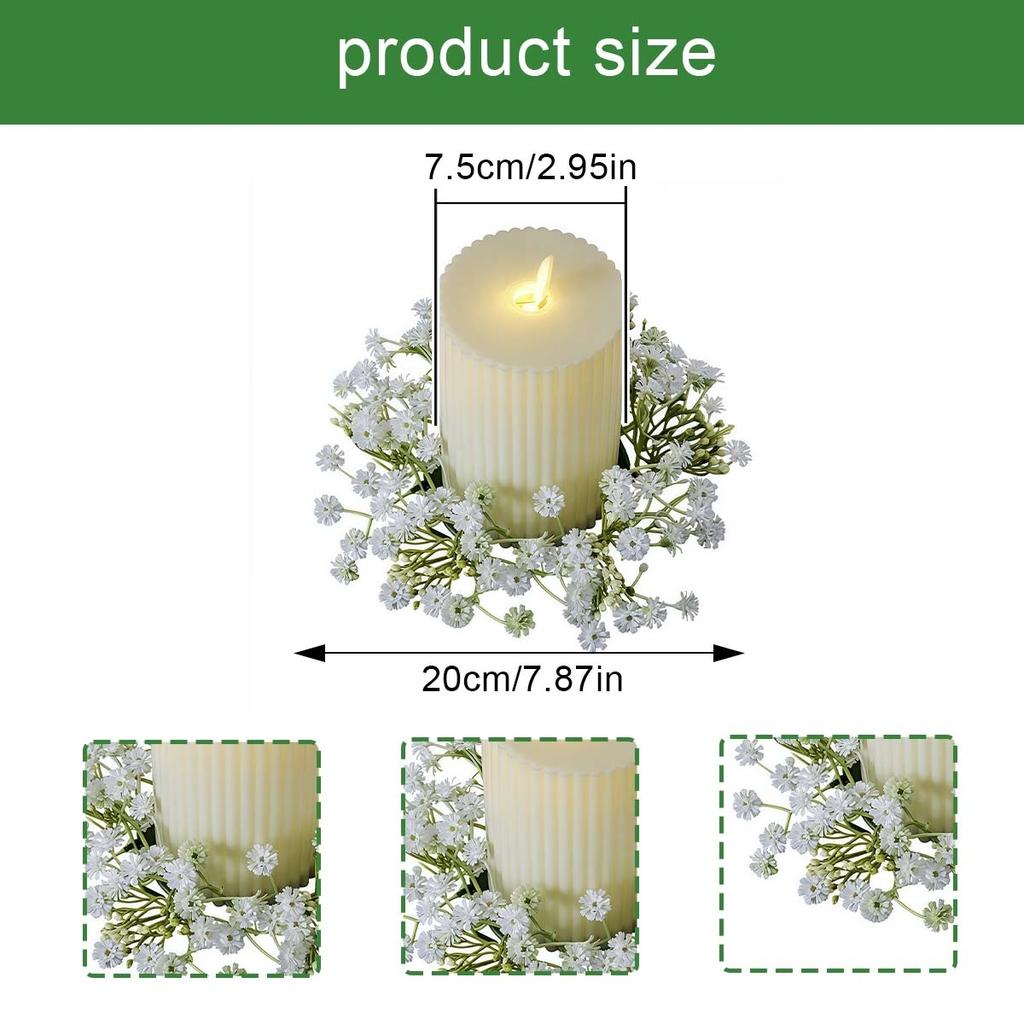 4Pcs Floral Wreath Candle Rings Wreaths, Artificial Gypsophila Flowers Candle Rings Garland for Pillar Centerpiece Party Table Decor