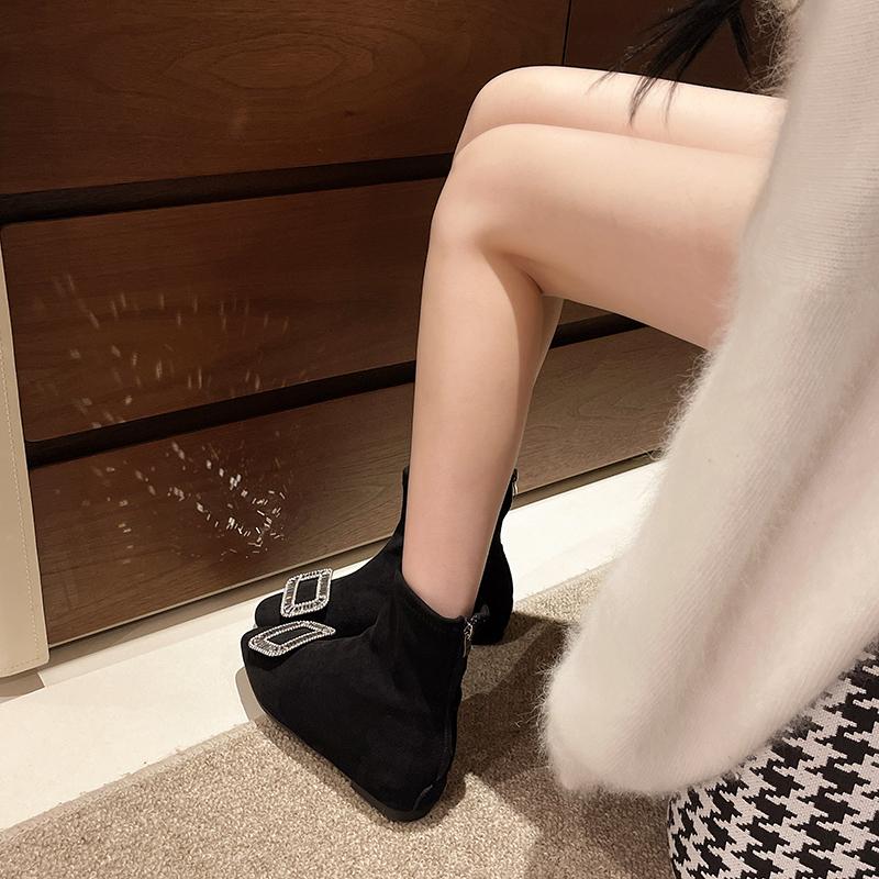 Fashion New Autumn Style Round Toe Suede Rhinestone Square Buckle Soft Sole Non-slip Wear-resistant Cotton Boots