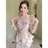 Western Style Floral Sweet Long Sleeve Top Skirt Sets Printed Shirt and Skirt Set