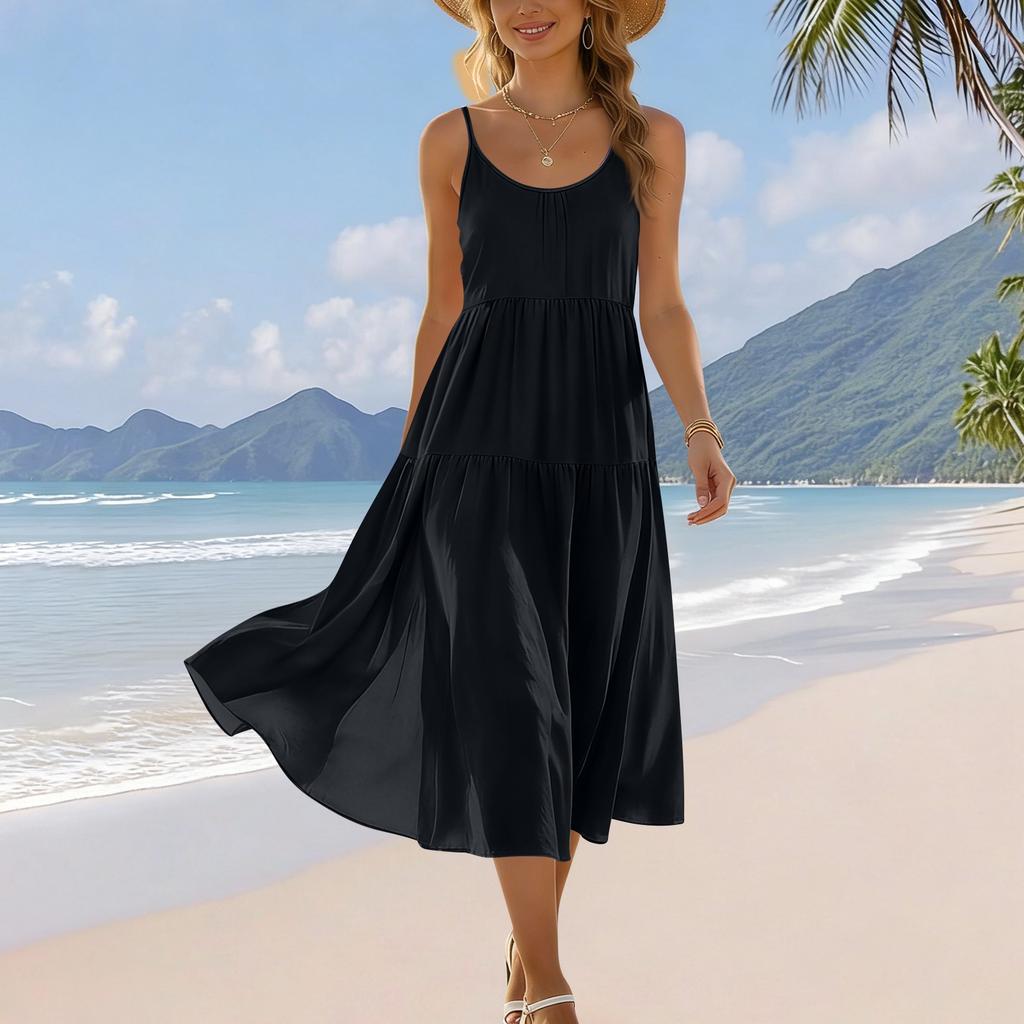 Zomerjurk voor dames, mouwloos, met verstelbare bandjes, bohemien, midi, met zakken, voor strandvakantie, casual kleding