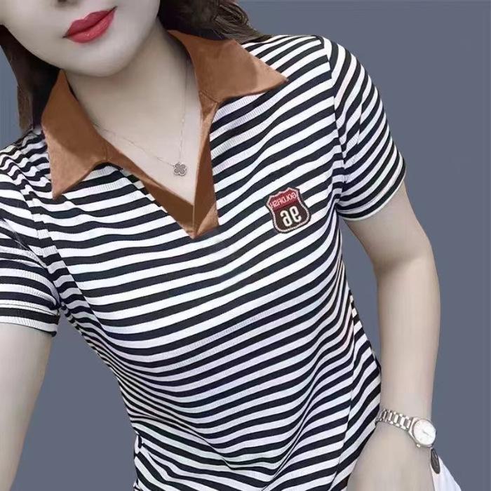 Polo Shirt Short-sleeved T-shirt Women's Summer New Striped Slim and Fashionable Versatile Top