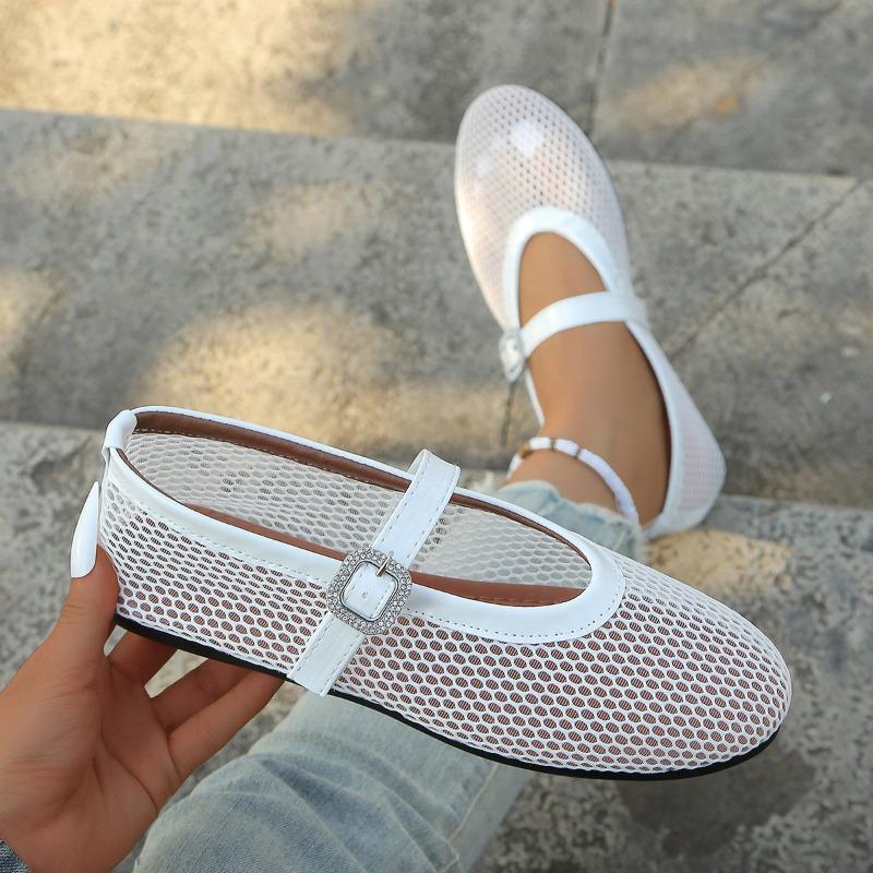 Round-toed Mesh One-line Buckle Ballet Single Shoes Flat-bottomed Perforated Mary Jane Sandals Fishing Net Shoes 43 белый 1440₽