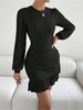 Abito in maglia con scollo tondo, elegante abito attillato per donna, manica lunga, tinta unita, abiti larghi, abito con bordo a foglia di loto
