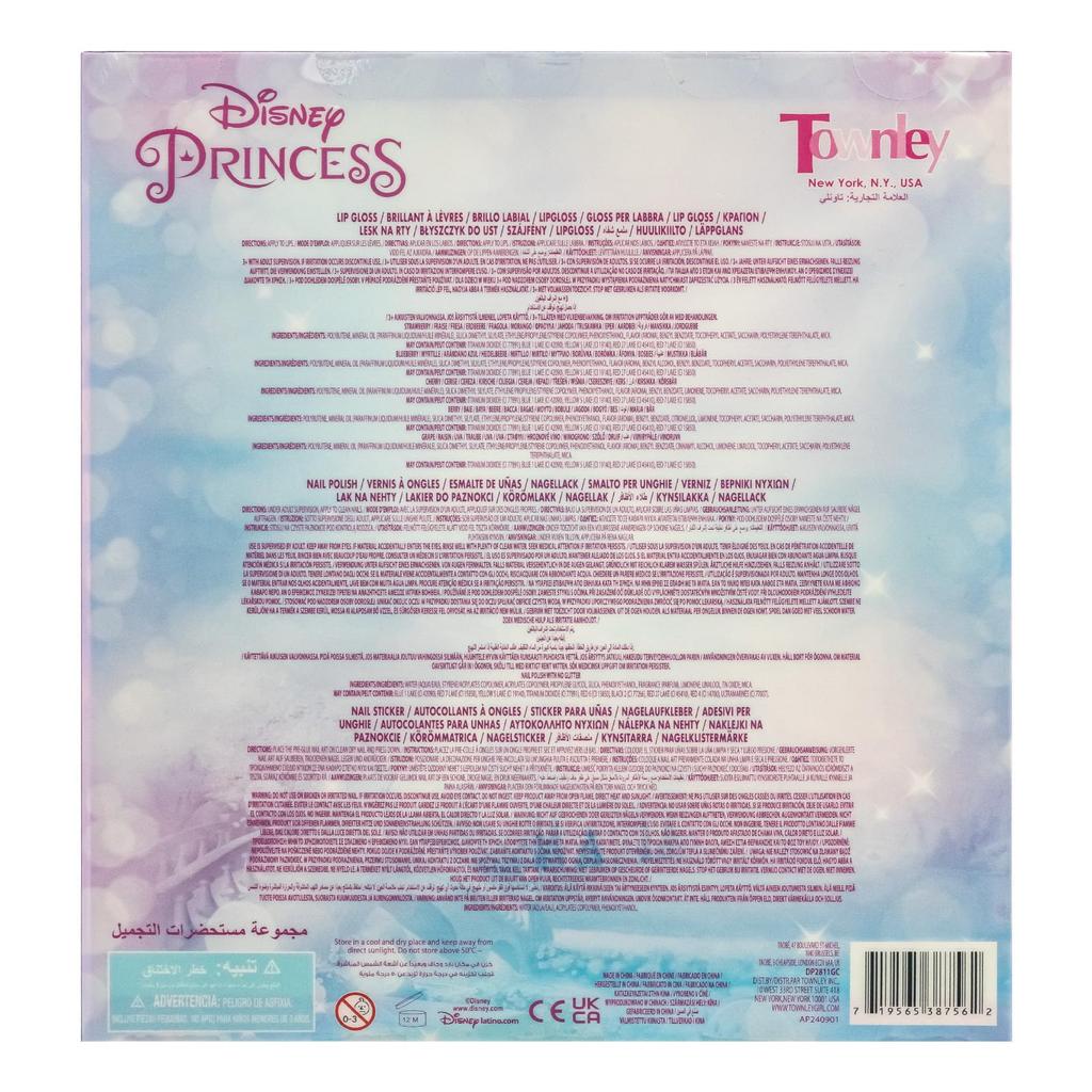 TownleyGirl Disney Princess Kids 5 Lip 5 Nail and 24 Nail Stickers Nails, 10-Piece Assortment Glosses, Peel-Off Polishes,