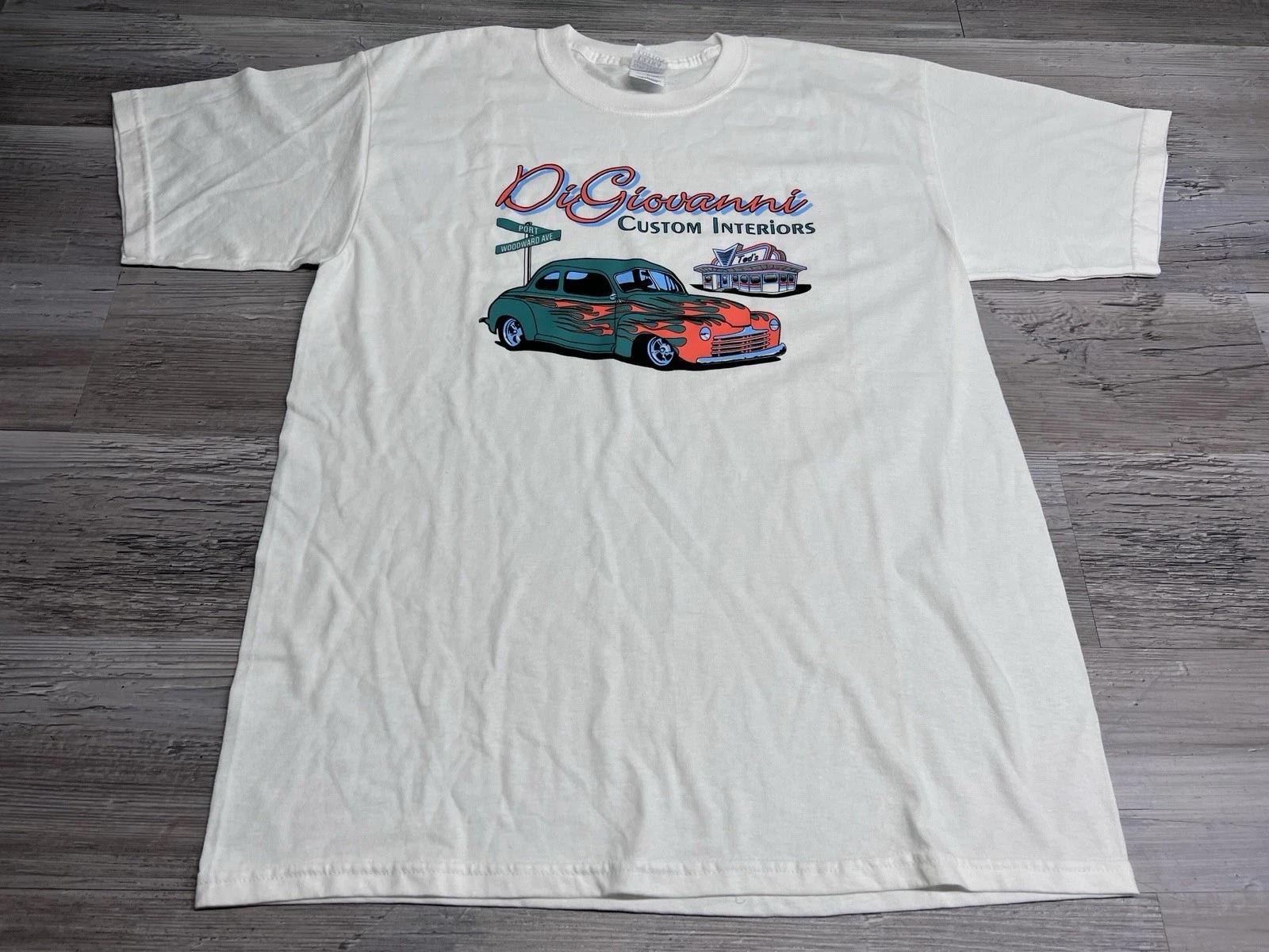 

Vintage Hot Rod T-Shirt Woodward Detroit Di Giovanni Custom Interiors Mens Sz L 4XL