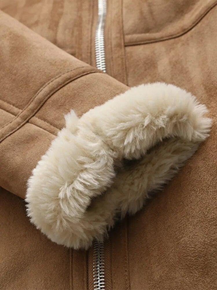 Dámské Elaegantní dvoulícní kožešinový midi kabát Vintage Dlouhý rukáv Klopa Kapsa Zip Dlouhá zimní bunda Dámský Silný Streetwear Kabát
