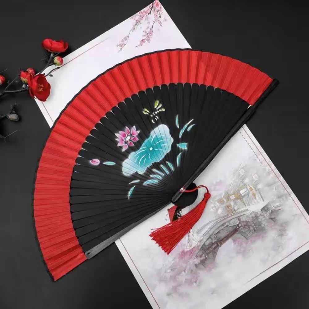 Exquisite Tassel Folding Fan with Tassel Chinese Style Blossom Printing Folded Fan Portable Classical Elegant Handheld Fans