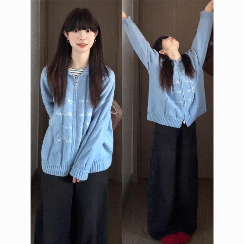 Korean Style Blue Zipper Knit Cardigan for Autumn/Winter 2025 One Size синий