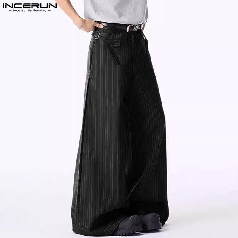INCERUN Men Casual Zipper Waist Striped Wide Legs Pants Long Trousers