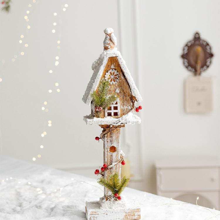Table Display Christmas Cottage Ornament with Light Effect, Wooden Snow Cabin Decoration for Tabletop Shelf Styling