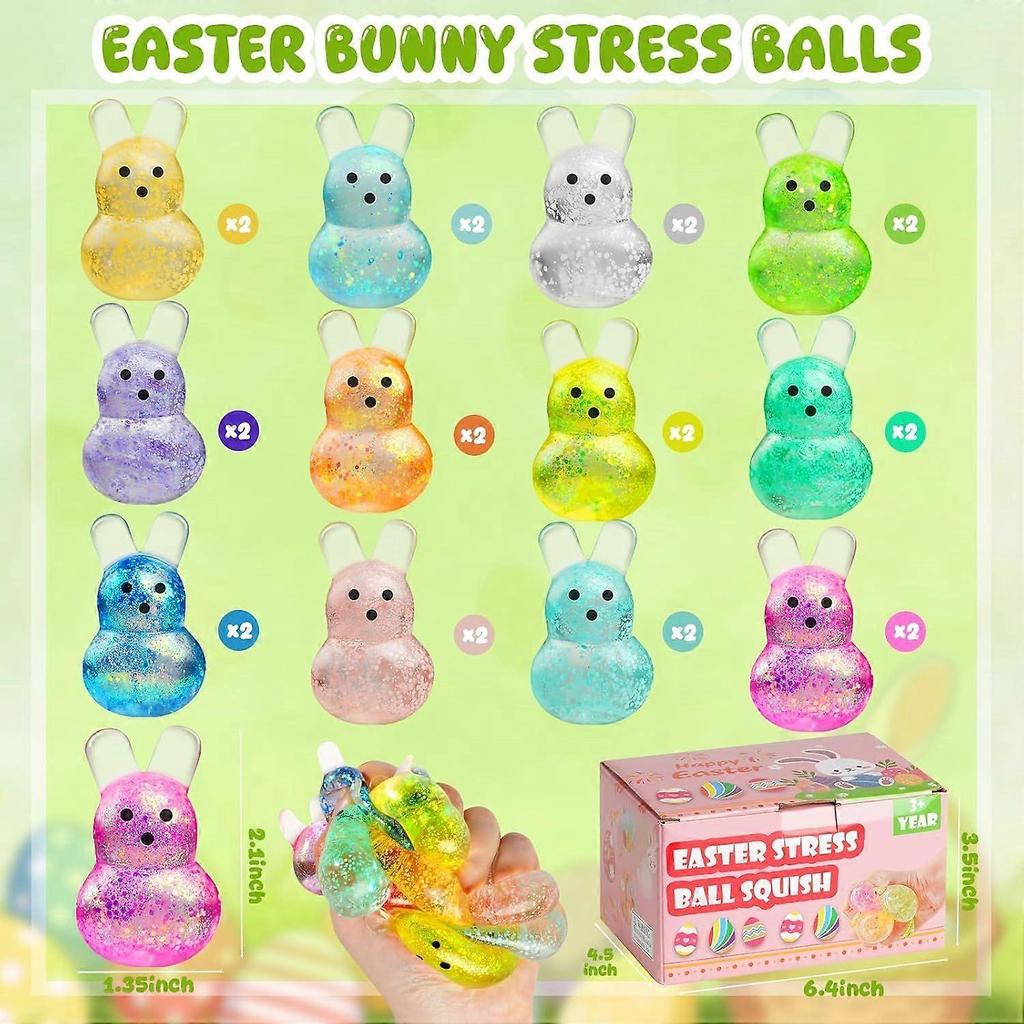 24PCS Easter Squishy,Easter Basket Stuffers Bunny Stress Balls for Kids,Easter Toys Stress Relief Fidget Balls,Easter Egg Fillers Party Favors Gifts