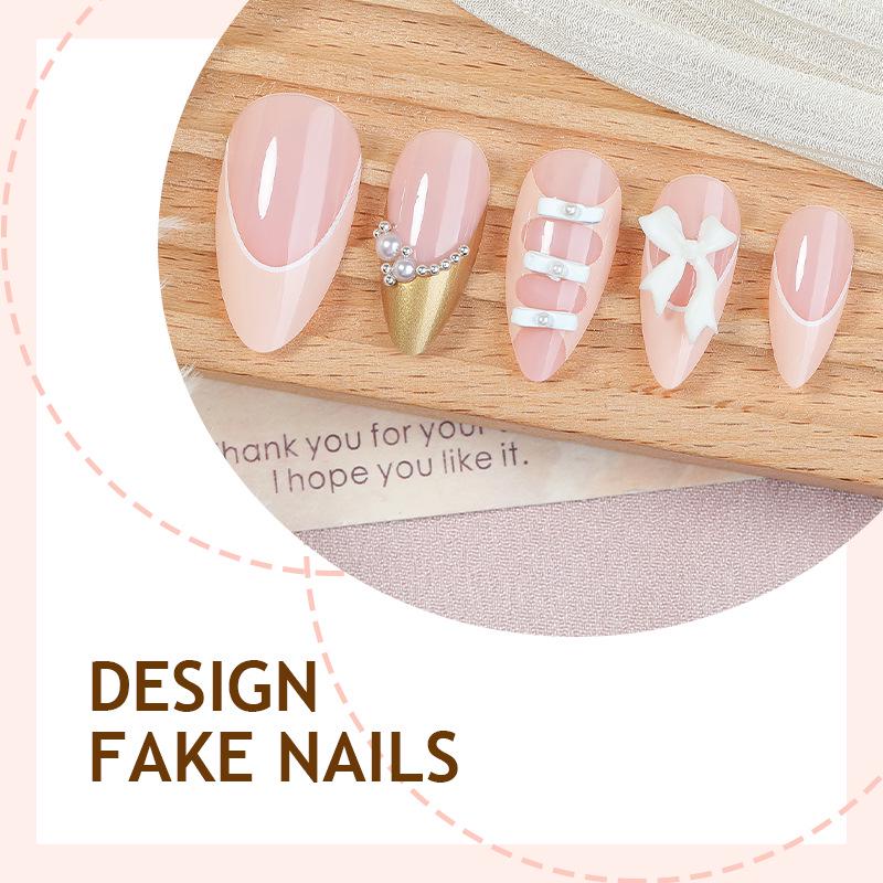 24-Piece Pink & White Hand-Painted Pearl Nail Stickers - Long Ballet Detachable False Nails