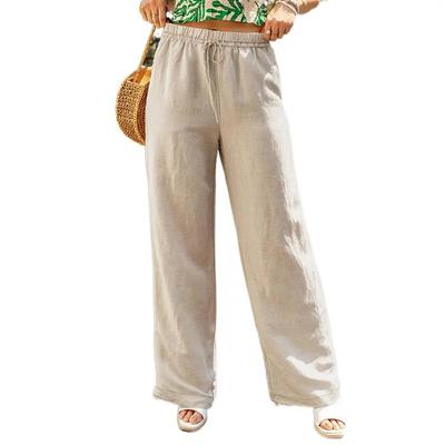Damenhose einfarbig lässig Tasche locker elastischer Bund Baumwolle Leinen gerade Hose