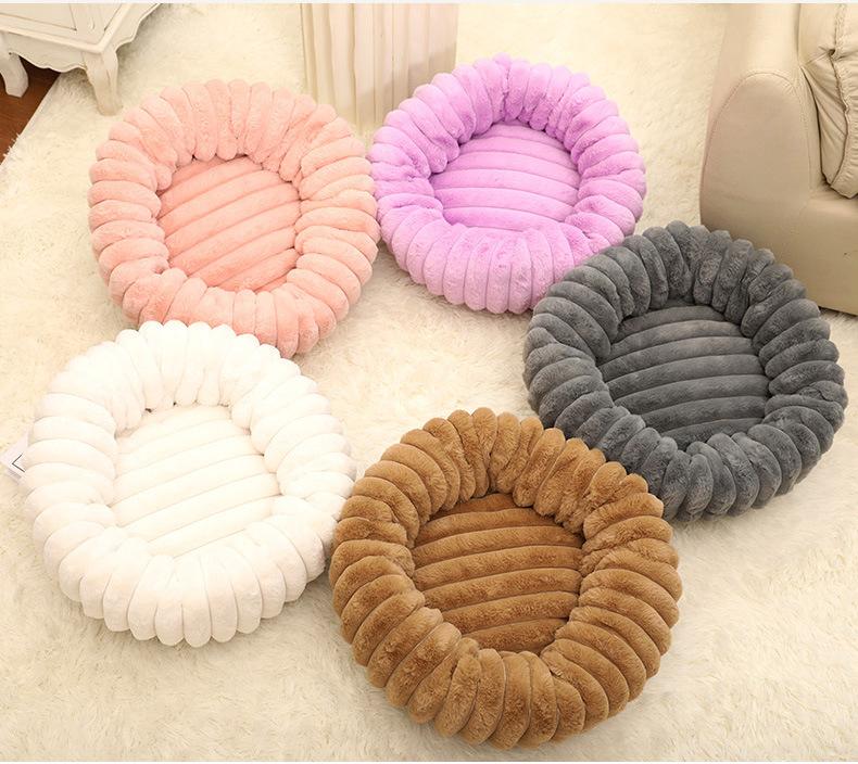 Cats Dogs Round Straight Stripe Plush Warm Comfortable Soft Washable Portable Pet Mat Bed All Seasons