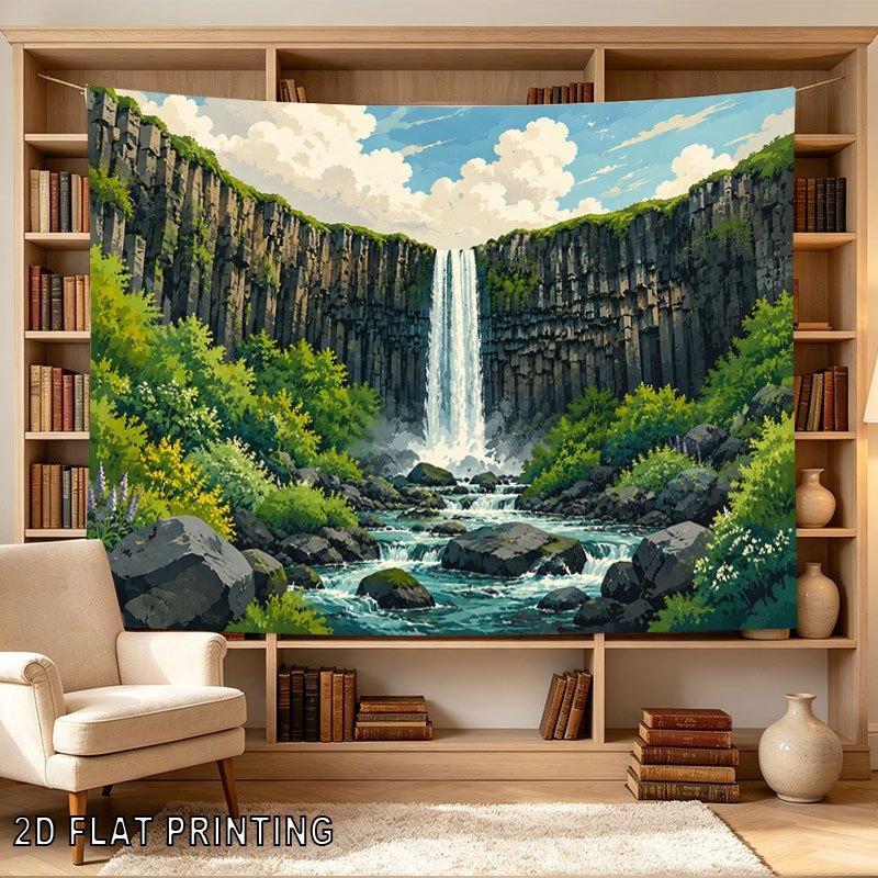 2D Flat - 2D Flat - 1pc 2D Flat Tapestry Waterfalls Cascade Through a Lush Canyon, Surrounded by Vibrant Greenery And Rocky Streams