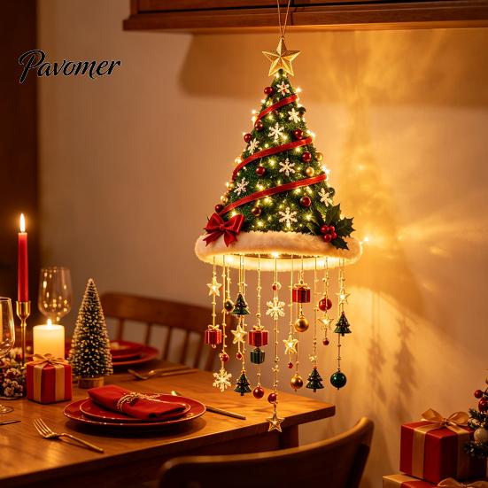 Winter Seasonal Landscaping Lighted Christmas Ceiling Hanging Decor, Pre-Lit Tree Bell Pendant with Plush Fabric Holiday Decor Warm LED, Porch Doorway