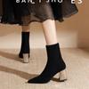Solide Flock Stiefeletten Damenschuhe Frau Spitz Zehenbereich Stretchig Quadratische Hohe Absätze Schwarz Mode Socken Kurze Stiefel