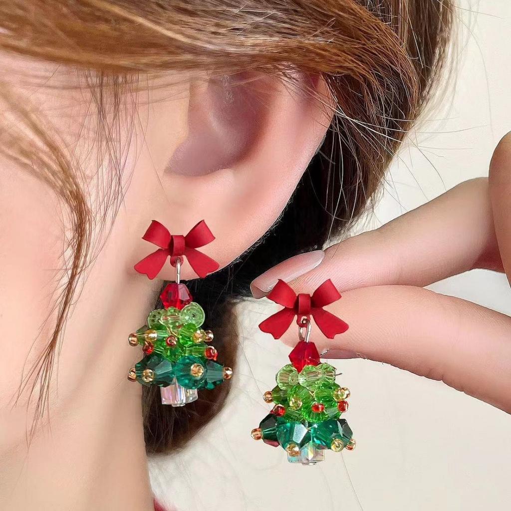 Trendy Red Bow Green Christmas Tree Drop Earrings for Women Silver Plated Needle Xmas Party New Year Jewelry Gift