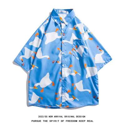 Summer Man Retro nadruk kaczki koszula z krótkim rękawem bluzka męska przypływ marka luźna para koszula na co dzień Tees
