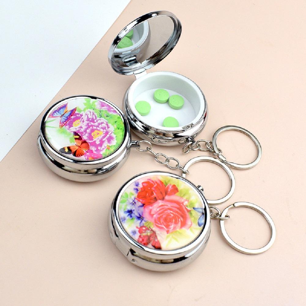 Flower Printed Metal Medicine Box, Circular Three Compartment Storage, Portable Travel Pill Box, Keychain