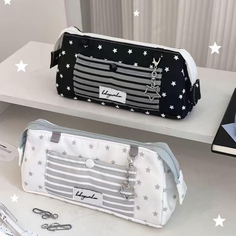 Korean Style Star Striped Print Pencil Case Multi-Layer Large Capacity Pen Bag Stationery Pouch Students
