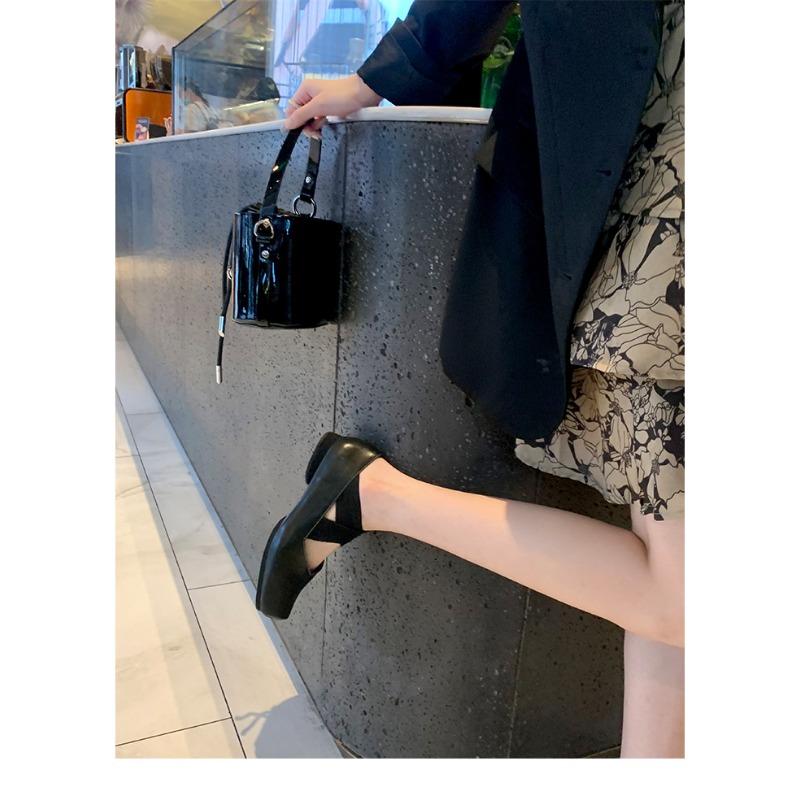 Sheepskin~ Square head pig nose leather shoes elastic band ballet Mary Jane shoes women's thick heel light mouth versatile single shoes