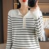Multi-button Round Neck Bottoming Shirt for Women In Autumn and Winter, All-match Sweater, Loose Striped Andy Velvet Warm Top, Knitted Style