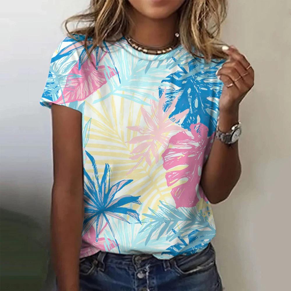 Colorful Floral Pattern 3D Digital Printing Women's Comfortable Round Neck Short Sleeved T-shirt