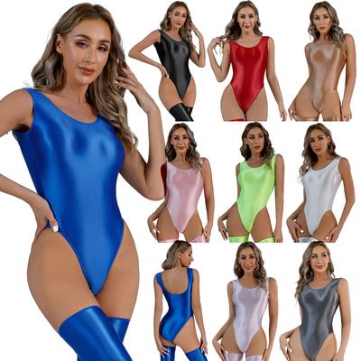 Glänzender, ärmelloser, einteiliger Body für Damen, hoch geschnittener Sportsbody-Badeanzug, glänzende Badebekleidung