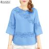 ZANZEA Women Casual Round Neck 3/4 Sleeve Summer Patchwork Blouse