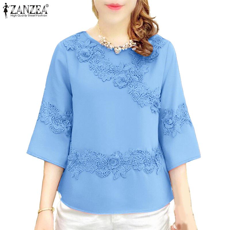 ZANZEA Women Casual Round Neck 3/4 Sleeve Summer Patchwork Blouse